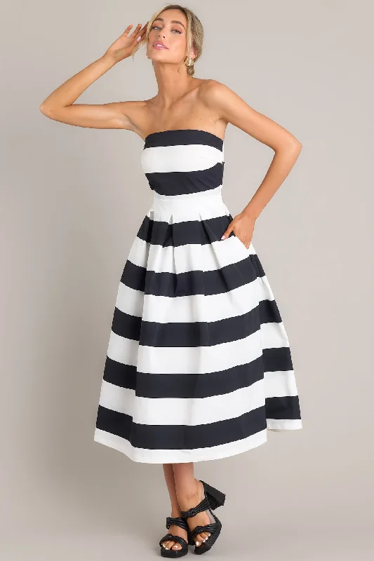 Crisp Contrast Black & White Stripe Strapless Midi Dress