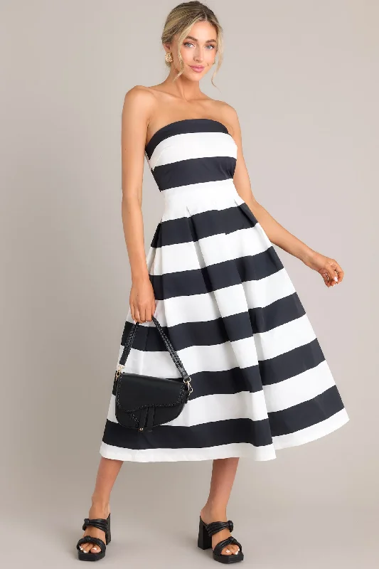 Crisp Contrast Black & White Stripe Strapless Midi Dress