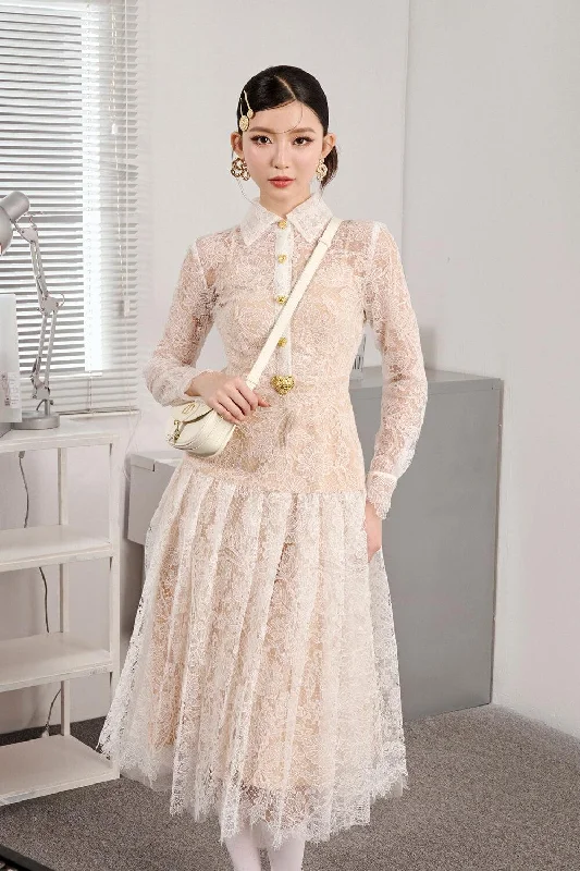 Lacen A-line Collared Neck Lace Midi Dress