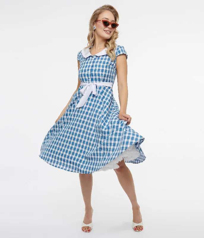 1950s Blue & White Plaid Swing Dress