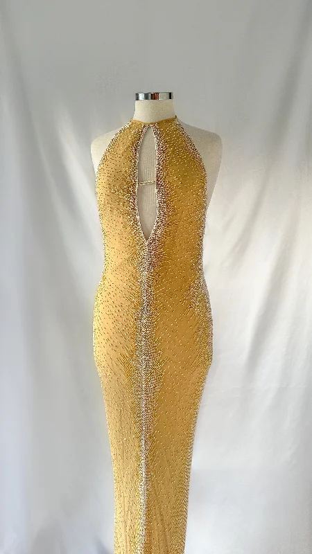 Beautiful 90s Light Matte Gold & White Embellished Beaded Maxi Dress