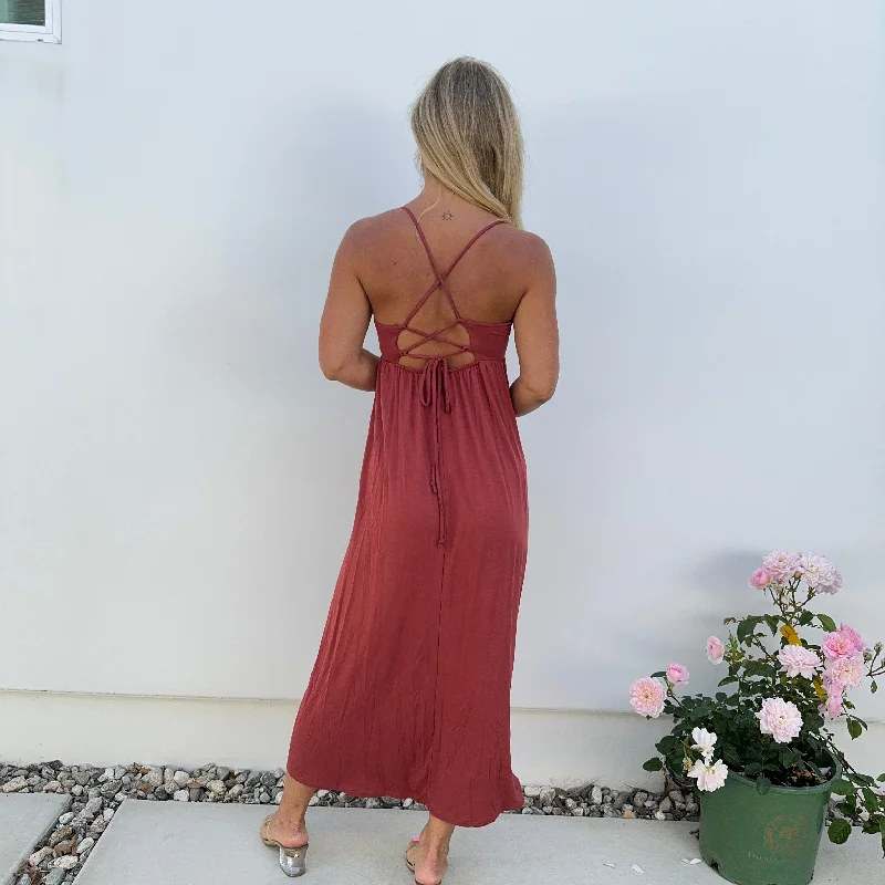 Cherished Comfort Jersey Ankle Maxi Dress in Brick