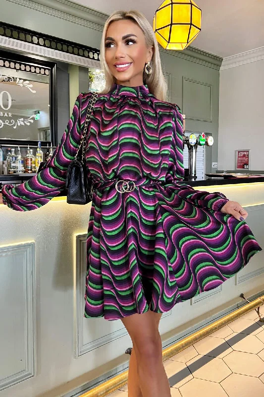 Multi Print Long Sleeve High Neck Belted Skater Dress Multi Print Long Sleeve High Neck Belted Skater Dress