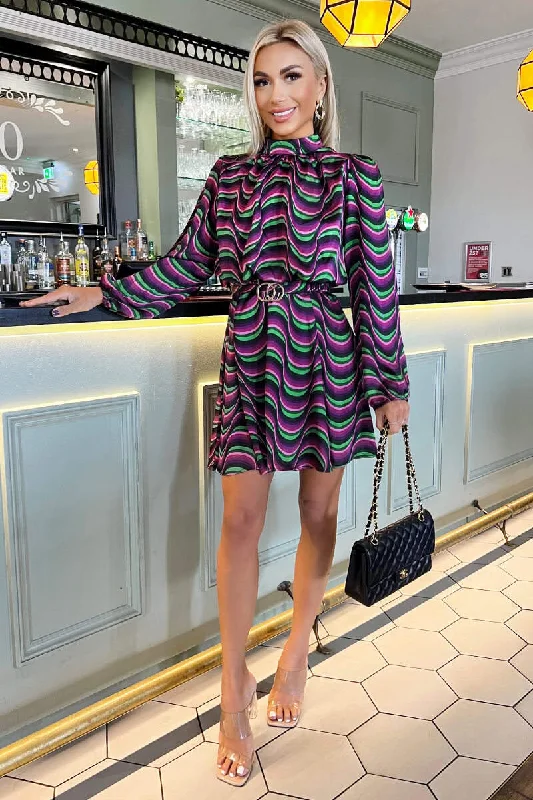 Multi Print Long Sleeve High Neck Belted Skater Dress Multi Print Long Sleeve High Neck Belted Skater Dress