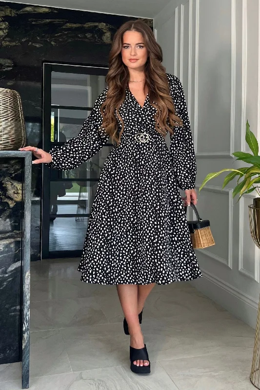 Nadine Long Sleeve Polka Dot Belted Midi Dress
