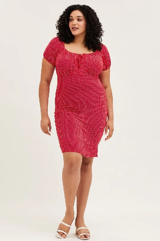 Polka Dot Short Puff Sleeve Red Spot Bodycon Dress