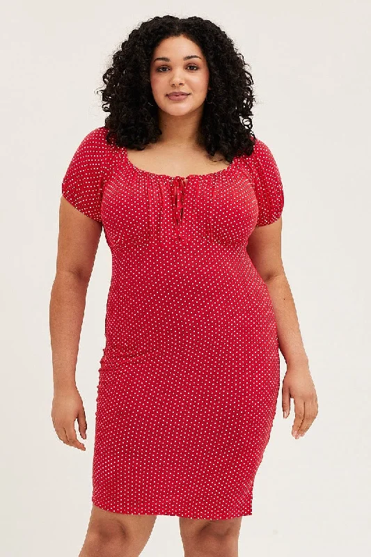 Polka Dot Short Puff Sleeve Red Spot Bodycon Dress