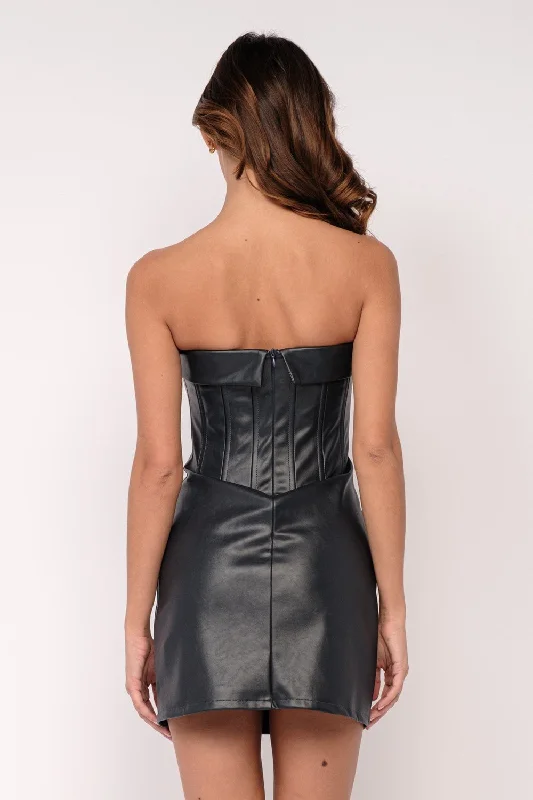 See You There Navy Vegan Leather Strapless Mini Dress