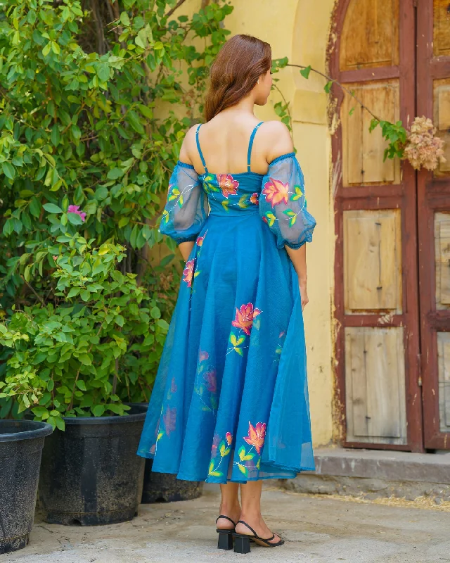 Teal Blue Handpainted Floral Maxi Dress