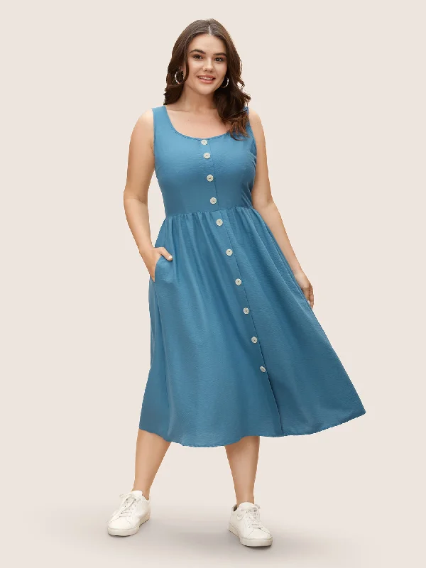 U Neck Solid Button Detail Dress